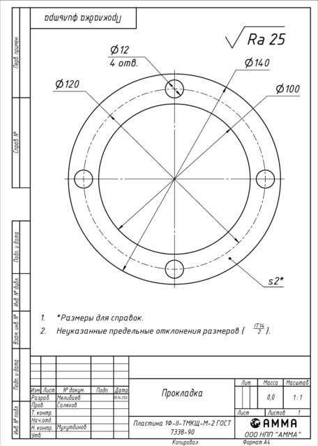 Прокладка УРТ 100х140х2 (dxDxh)  по чертежу / Пластина 1Ф-II-ТМКЩ-М-2 ГОСТ 7338-90