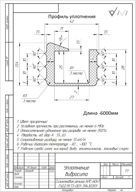 Уплотнение вибросита УРТ по чертежу / Силиконовая резина НЛС-60-1 ТУ 22.19.73-001-39430359
